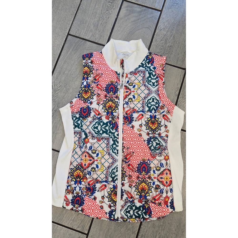 Zelos Womens XL Puffer Vest Full Zip Multi Color Mosaic Tile Print Mock Neck